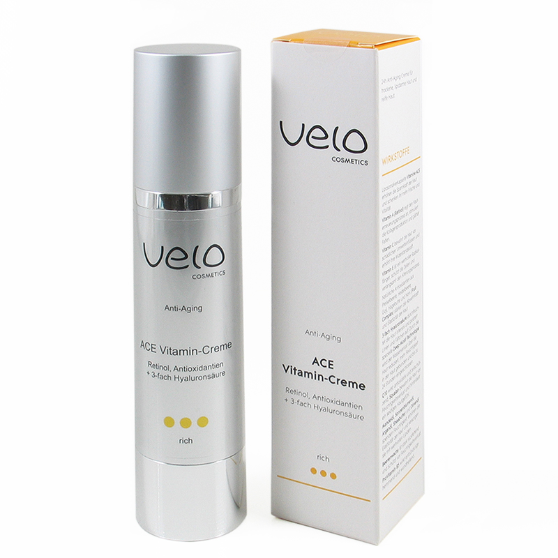 Velo Medizinprodukte Shop Velo Cosmetics Ace Vitamin Creme Rich Mit Retinol Antioxidantien Und 3 Fach Hyaluronsaure Reichhaltige Anti Aging Pflege Fur Trockene Lipidarme Haut Und Reife Haut Regt Die Regeneration Der Haut An